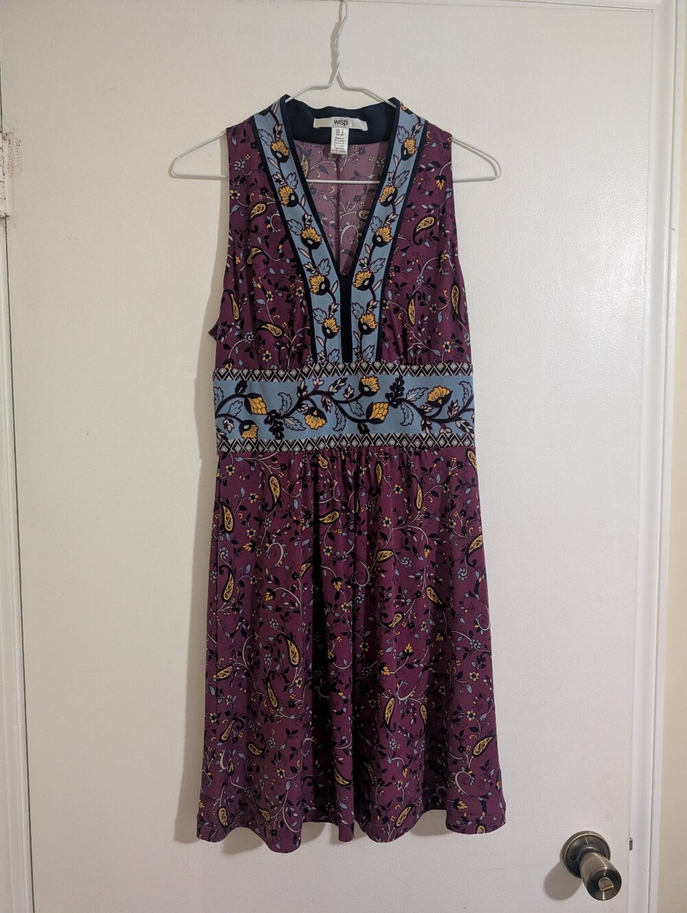 Wisp Plum Purple Paisley Floral Border Print Sleeveless Jersey A-Line Dress US 4